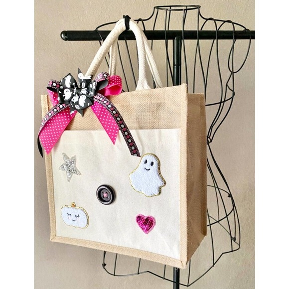 New Ghost Pumpkin Star Halloween Natural Jute Bag Tote Purse w/ Bow - Picture 6 of 10